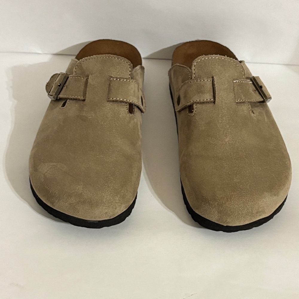 Taupe Suede Clogs Slip On Adjustable Buckle Comfortable